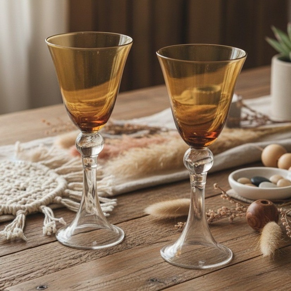 Amber Ombre Wine Goblets,‎ Set of 2, Vintage Stemware, Ball-Knob Stem, Drinkware